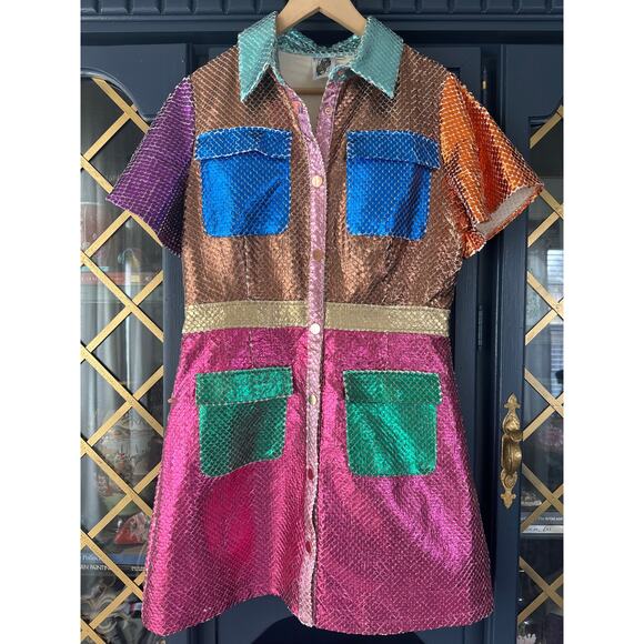 Queen of Sparkles Metallic Colorblock Dress Button Front short sleeve Large - Picture 3 of 12